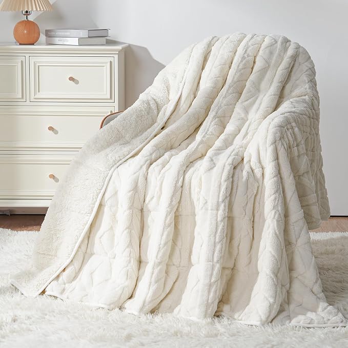 Mr. Sandman Weighted Blankets for Adults, Queen Size 60 x 80 Inches, 15lbs | Machine Washable; Soft Warm Sherpa Fleece; Fluffy Jacquard with Glass Beads; Heavy Throw for Sleep and Calm; Ivory White
