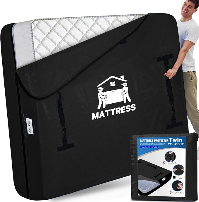 Mattress Bags for Moving, BETU Mattress Protector Waterproof Mattress Cover Twin Size Storage Bags with 8 Heavy-Duty Handles and Zipper for College Bed Extra Thick Large (77"x42"x15",Classic Black)