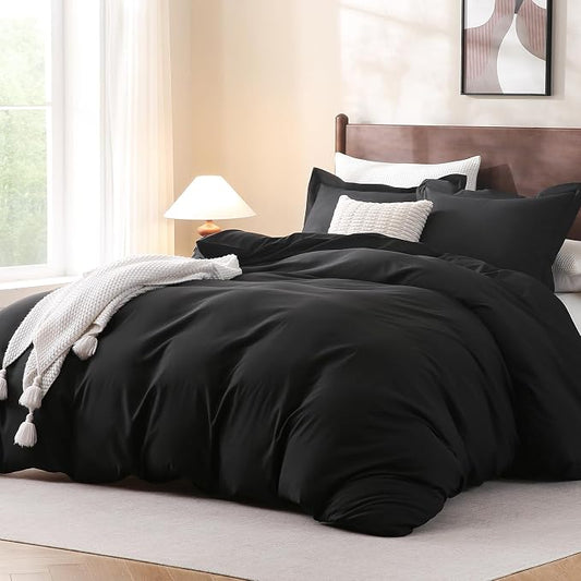 FreshCulture Duvet Cover Full Size - 3 Pieces Microfiber Duvet Cover Set with Zipper Closure - Lightweight & Easy Care - 1 Comforter Cover & 2 Pillow Shams - Comforter Not Included (Black)