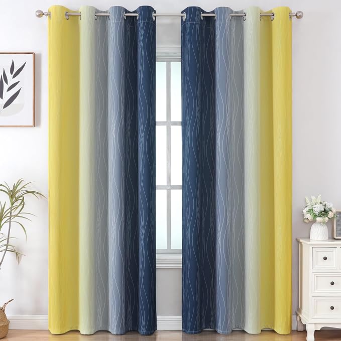 Navy Blue and Yellow Ombre Blackout Curtains for Living Room 84 Inch Long | Estelar Textiler Room Darkening Gradient Curtains for Bedroom,Thermal Insulated,Energy Saving Grommet Drapes,52Wx84L,2 Panels