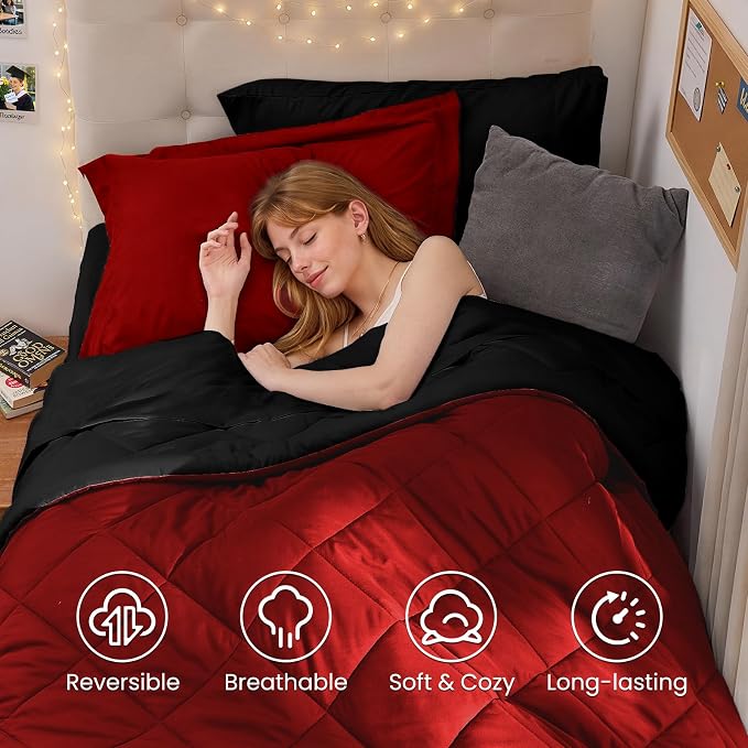 5 Pieces Twin XL Comforter Set, Reversible Bed in a Bag Twin XL Size, All Season Bedding Set with Comforter, Flat Sheet, Fitted Sheet, Pillowcases & Shams, Red & Black