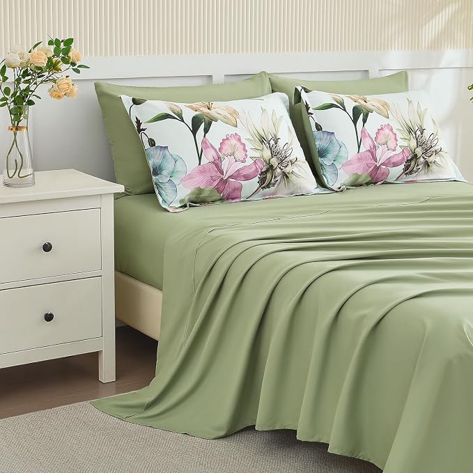 Yogeneg Queen Comforter Set 7 Piece Bed in a Bag,Elegant Floral Botanical Pattern Green Bedding Set,Soft Microfiber Comforter with Sheet Set,All Season Bed Set(Green Floral,Queen)