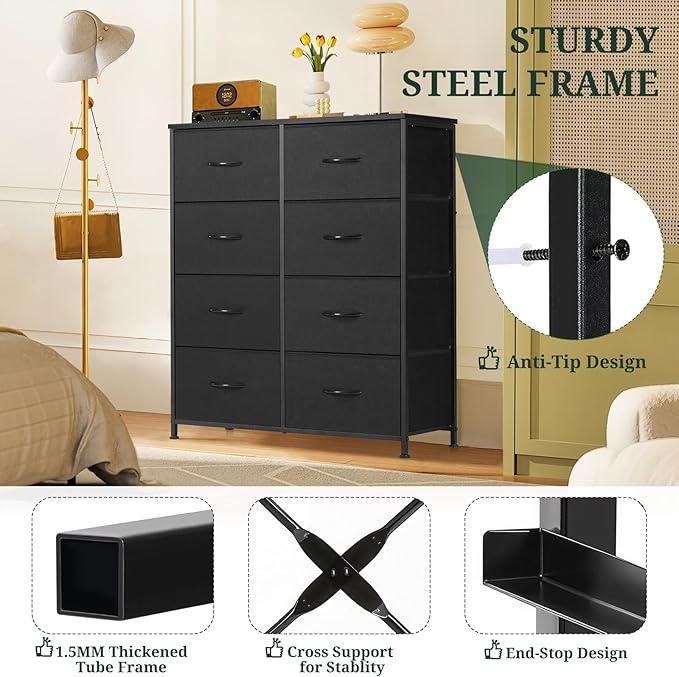 8-Drawer Dresser for Bedroom, Anti-Tip Tall Storage Organizer | Chest of Drawers with Wooden Top and Metal Frame Fabric Bins for Closet, Living Room, Hallway, Entryway, Black