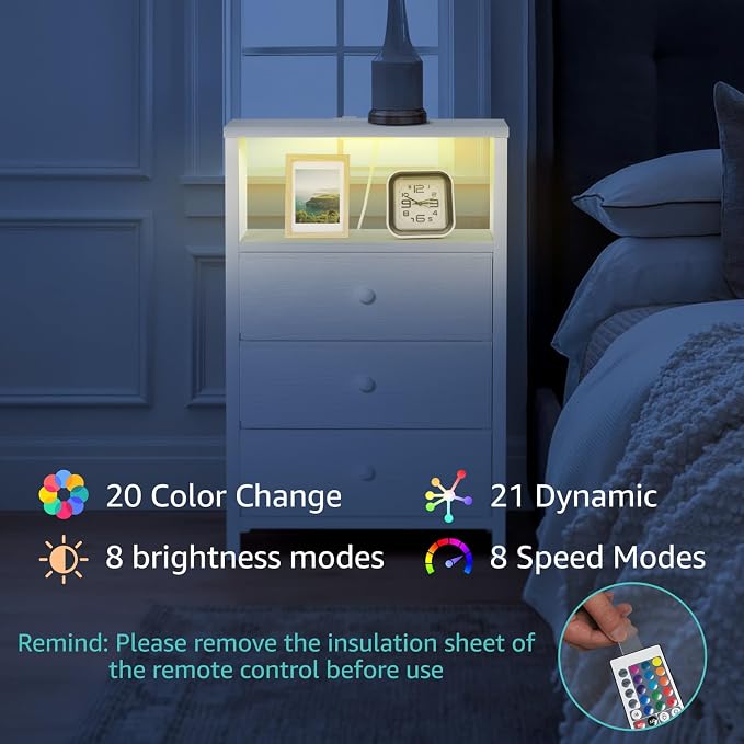 BOLUO White Night Stand with 3 Fabric Drawers, Nightstand with Charging Station LED Nightstand for Bedroom, Bedside Table with USB Ports and Outlets Modern