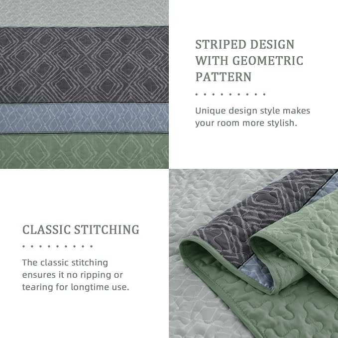 Cottolester Boho Full Quilt Set,Grey Green Striped Plaid Bedspread Coverlet | Lightweight Summer Coverlets Set with 2 PillowShams,All Seasons Microfiber Quilt Bedding Sets for Bedroom Guest Room 78"x90"