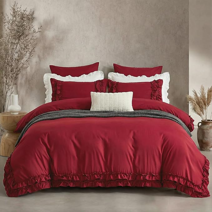 Burgundy Duvet Cover King Size Ruffled Bedding Set Vintage Lace Ruffle Elegant Bedroom Decor Shabby Chic Farmhouse Style Boho Chic Duvet Cover Set for All Season