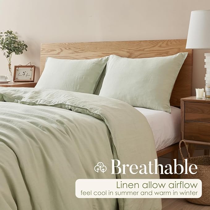 DAPU 100% French Linen Duvet Cover 3Pcs Set, 170GSM Linen Bedding, King | Soft Breathable All-Season for Hot sleepers, Corner Ties & Zipper Closure, French Linen Flax from Normandy, Sage Green