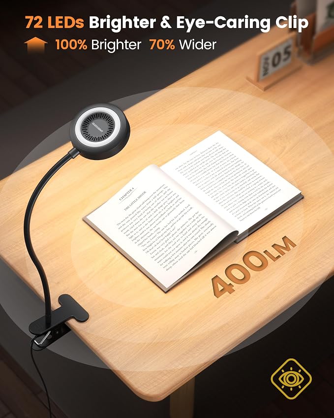 Glocusent 72 LED Clip on Reading Light with Remote, Amber Book Light | 3 Colors & 5 Brightness, 2.75" Clamp & 30Min Timer, USB Powered, Clamp Light for Headboard/Dorm/Bunk/Work/Craft