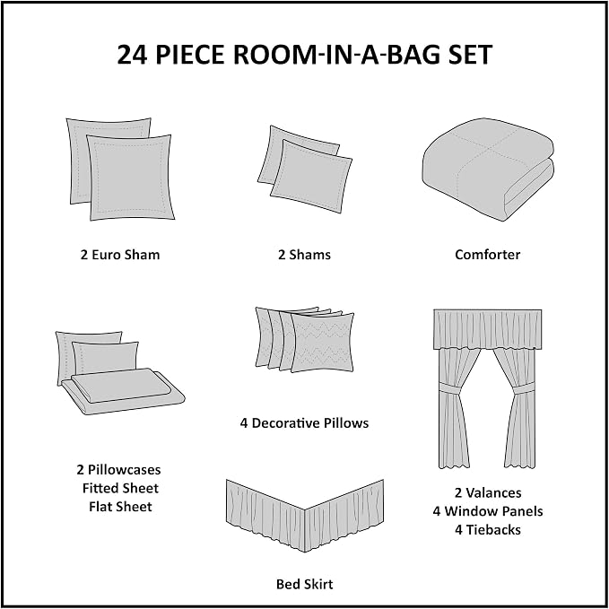Madison Park Essentials Brystol 24 Piece Room in a Bag Faux Silk Comforter Jacquard Paisley Design Matching Curtains Down Alternative Hypoallergenic All Season Bedding-Set, Queen (90 in x 90 in), Blue | Matching Curtains Room in a Bag, Down Alternative...