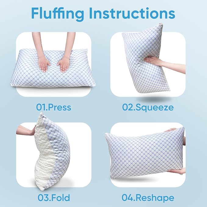 OAISZ Cooling Pillow Queen Size Set of 1, Shredded Memory Foam Bed Pillows | Adjustable Shredded Memory Foam Pillows, Cooling Bed Pillows for Side, Back and Stomach Sleepers, Removable Washable Covers