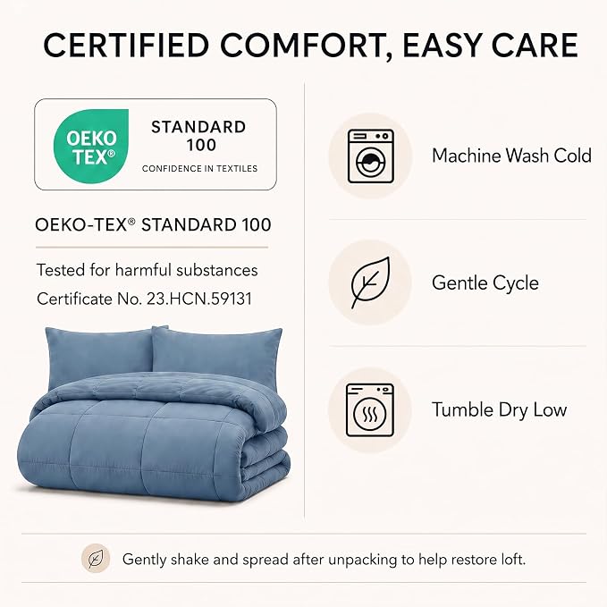 Oversized Queen Comforter Set Dusty Blue - 7 Pieces Bed in a Bag | OEKO-TEX Certified, All-Season, Bedroom, Guest Room, Down-Alternative Comforter + Flat & Fitted Sheets + 4 Pillowcases