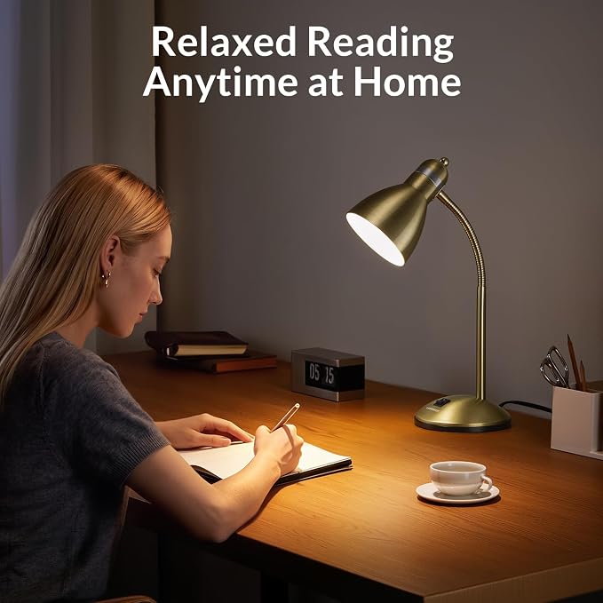 LEPOWER Metal Desk Lamp, Adjustable GooseNeck Reading Light for Bedroom | Compact & Sturdy, Space-Saving for Bedside & Dorm, E26 Table Lamp, Eye-Caring, Ideal for Study, Office, Back to School
