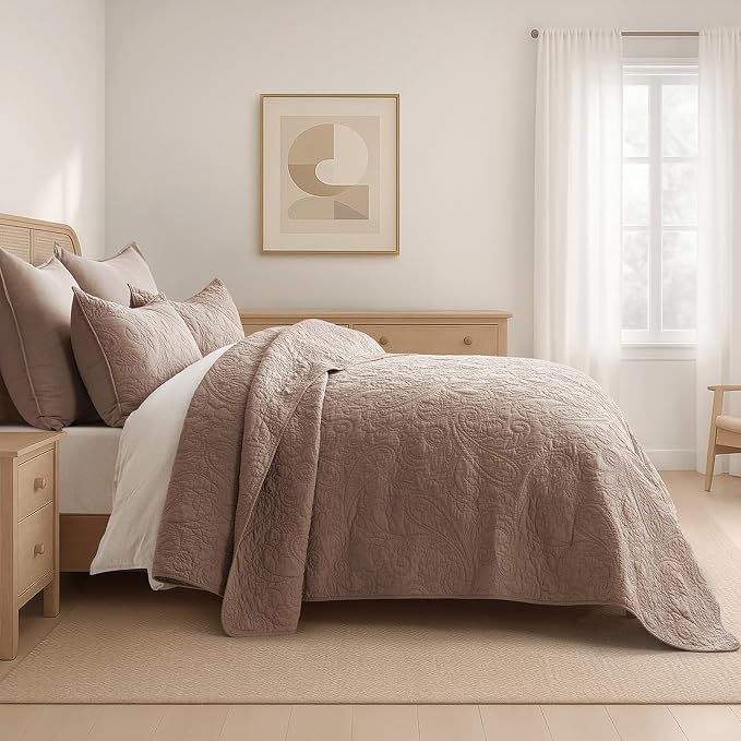 EVERGRACEHOME 100% Cotton Paisley Quilt Set, Queen Size, Dusty Brick | Prewashed for Softness, Year-Round Breathability, Gift-Ready Box, Matelasse-style Quilted Coverlet, 3 Piece Set with 2 Shams