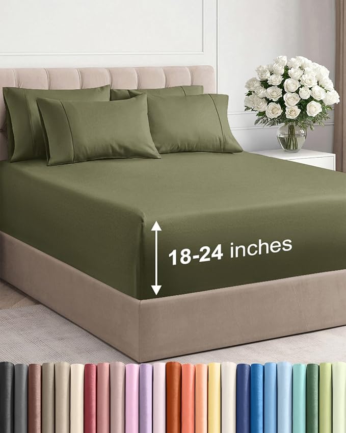 Extra Deep Cal King Sheet Set - 6 Piece Breathable & Cooling - Sage Green | Hotel Luxury Bed Sheets Set, Easy & Secure Fit, Ultra-Soft, Wrinkle & Fade Free, Comfy Sheets Set with Extra Deep Pockets