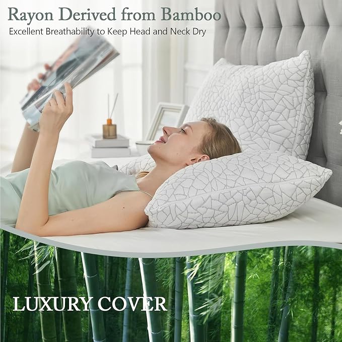 BPC Premium Rayon Derived from Bamboo Firm Pillows Queen Size Set of 2 - Hypoallergenic Shredded Memory Foam Pillows with Removable Cover Bed Pillows for Side Stomach and Back Sleepers, CertiPUR-US