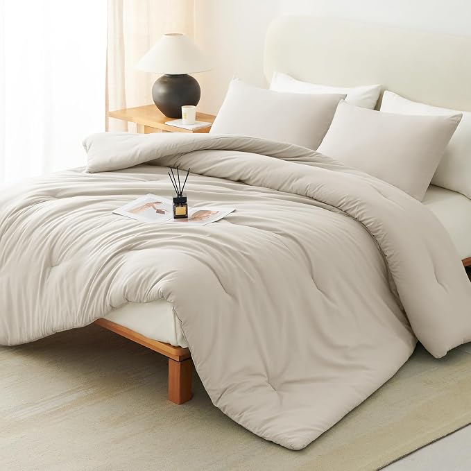 Oversized King Comforter Set, 3 Pieces Beige Quilted Bedding | 270 GSM Down Alternative Fill, 4 Corner Ties for Duvet Insert Use, All Season, OEKO-TEX Certified, 2 Pillowcases, 120 x 98 in