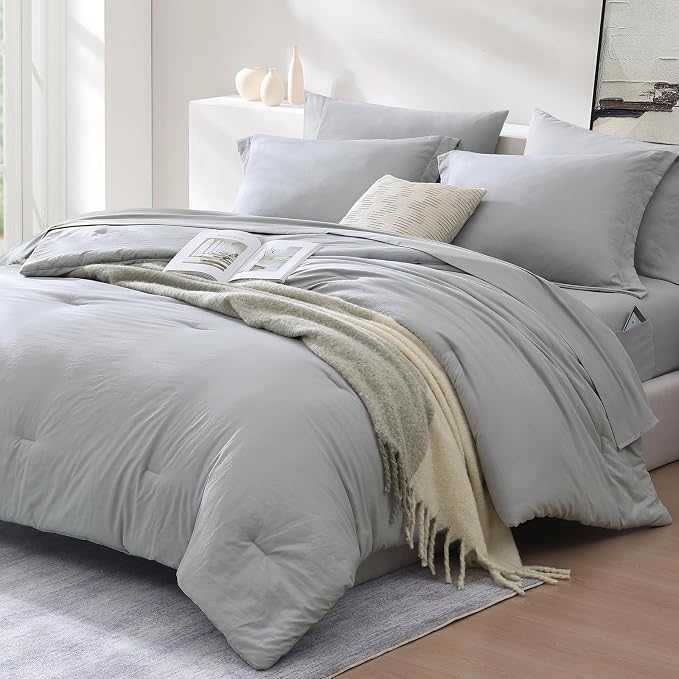 King Size Comforter Set- 7 Pieces Prewashed Bed in a Bag King Bedding Sets | Soft All Season Comforter with Sheets, Pillow Shams & Pillowcases, Light Grey