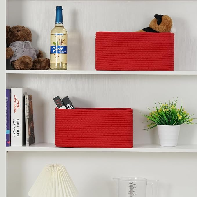 3 Pack Storage Baskets for Organizing, 13.7×9.5×6.3", Red | Woven Baskets for Shelves, Cotton Rope Basket for Gifts Empty, Closet Organizer Bins with Handles, Cube Decorative Box