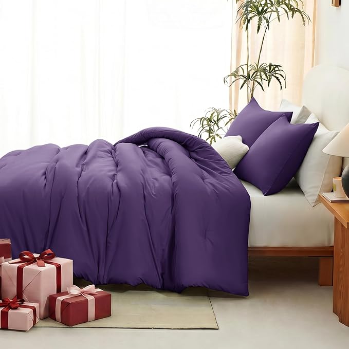 King Comforter Set, 3 Pieces Down Alternative Bedding, Purple | 270 GSM All Season Comforter with 4 Corner Ties for Use as a Duvet Insert, OEKO-TEX Certified, 2 Pillowcases, 102 x 90 in