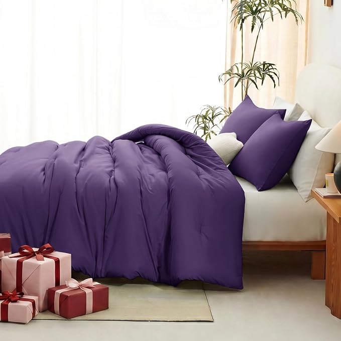 Queen Comforter Set, 3 Pieces Down Alternative Bedding, Purple | 270 GSM All Season Comforter with 4 Corner Ties for Use as a Duvet Insert, OEKO-TEX Certified, 2 Pillowcases, 88 x 88 in