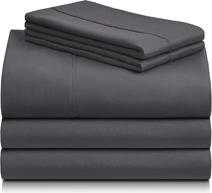 LuxClub 5 PC Split King Sheet Set, Deep Pockets Wrinkle Free Cooling Bed Sheets Hotel Bedding for Women, Men, Includes 2 Fitted Sheet, 1 Flat Sheet and 2 PillowcasesDark Grey | LuxClub Silky Fitted Sheet & Pillowcase Sets, Breathable Hotel Luxury Beddi...
