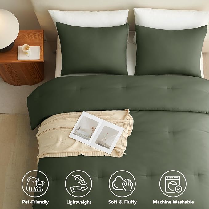 Queen Comforter Set, 3 Pieces Down Alternative Bedding, Dark Green | 270 GSM All Season Comforter with 4 Corner Ties for Use as a Duvet Insert, OEKO-TEX Certified, 2 Pillowcases, 88 x 88 in