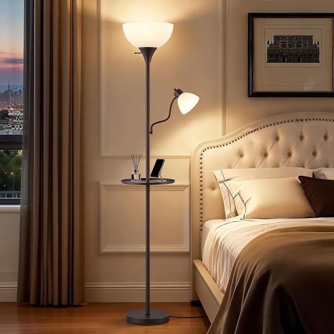 72" Floor Lamp with Table, Adjustable Reading Lights, Torchiere Floor Lamps | Modern for Living Room, Bedroom, Office, Brown【Bulb not included】