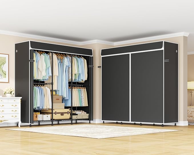 ULIFHOME E14C Heavy Duty Closet Organizer System，Freestanding Clothing Racks for Hanging Clothes，Adjustable Garment Rack 58" W × 16" D × 77" H Hold 860 lbs，Black Rack with Black Dustproof Cover