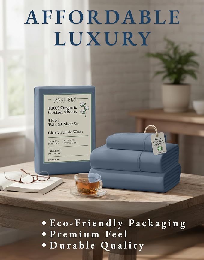 LANE LINEN Twin XL Sheets 100% Organic Cotton Cooling Soft - Estate Blue | Pure Long-Staple Organic Cotton Twin XL Sheet Set - Easy-Care Machine Washable, Breathable For Year-Round Sleep