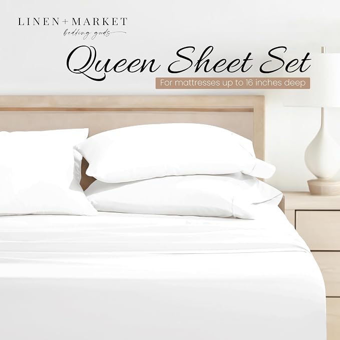 Linen Market Brushed Microfiber Queen Sheet Set 4 Piece – Oeko-TEX Certified Ultra Soft & Wrinkle-Free - 16" Deep Pocket Sheets - Easy Care Queen Size - White