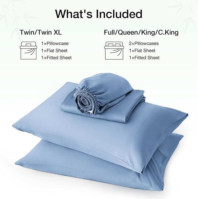 Love's cabin 4 Piece Full Size Sheet Set, 100% Rayon Derived from Bamboo, Cooling & Breathable, Soft Silky Deep Pocket up to 16", Hotel Luxury Bedding for Hot Sleepers, Mineral Blue