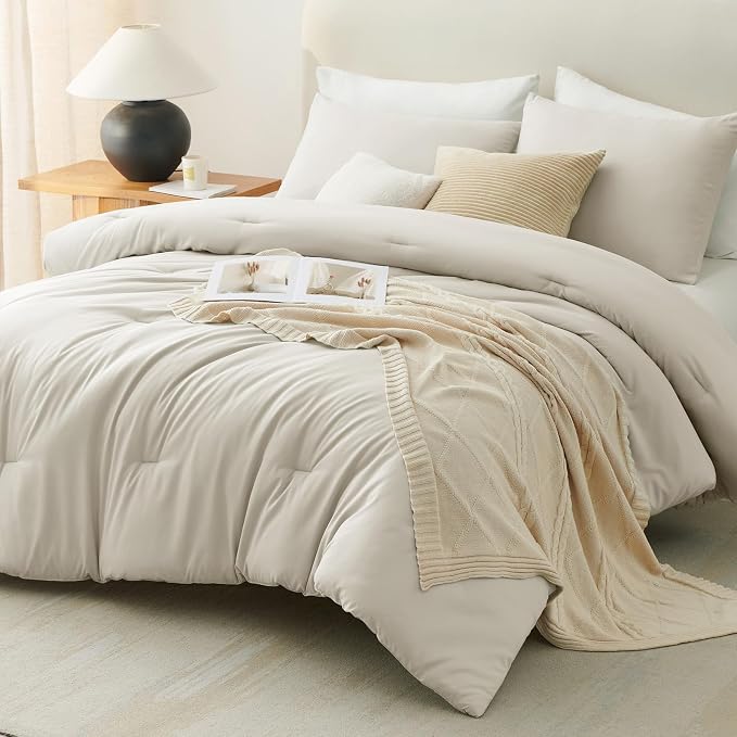 Queen Comforter Set, 3 Pieces Down Alternative Bedding, Beige | 270 GSM All Season Comforter with 4 Corner Ties for Use as a Duvet Insert, OEKO-TEX Certified, 2 Pillowcases, 88 x 88 in