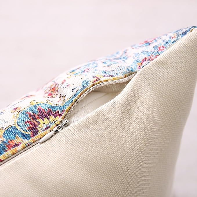 Outdoor Waterproof Pillow Covers - 18 X 18 Inch Set of 2 Blue Orange Bohemian Vintage Carpet Pattern Decorative Farmhouse Pillow Covers for Couch Garden Balcony