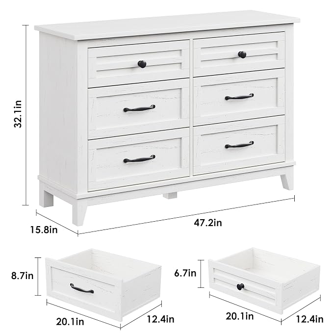 GarveeHome 6 Dresser for Bedroom, 47 in Wide Drawer Dresser with Storage Freestanding, Wooden Closet Storage Chest for Living Room, Bedroom, Entryway, Ash White