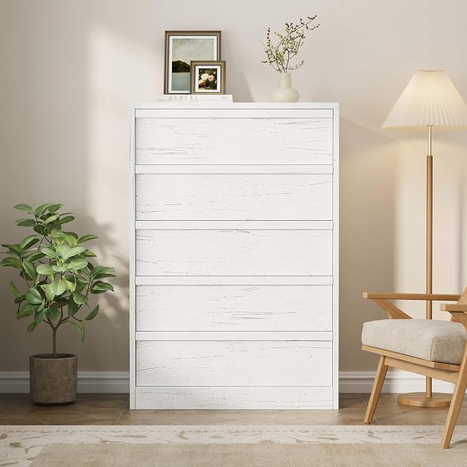 Garvee 5 Dresser for Bedroom, 43.3" Tall Dresser, Freestanding Horizontal Drawer with Storage, Wooden Closet Chest Storage for Living Room, Hallway, Entryway, White