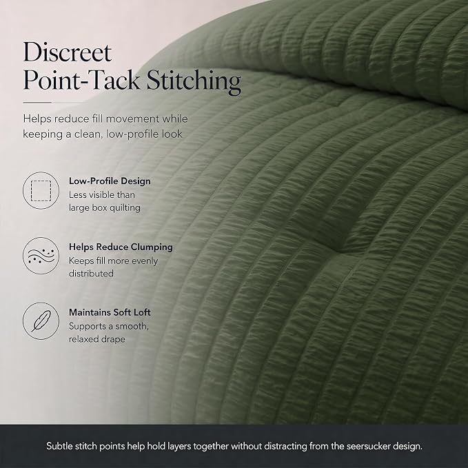 Oversized Queen Seersucker Comforter Set, Olive Green, 98 x 98 in | OEKO-TEX Certified, 7 Pieces Bed in a Bag with 240 GSM Down Alternative Comforter, Flat & Fitted Sheets, Pillowcases & Shams