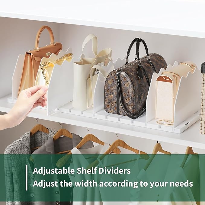 SPACEKEEPER Shelf Divider for Closet,2 Pcs Adjustable Purse Organizer,White | Closet Acrylic Handbag Separators Storage Organizer Bookshelf Separator Dividers in Bedroom,Bathroom,Kitchen,Office