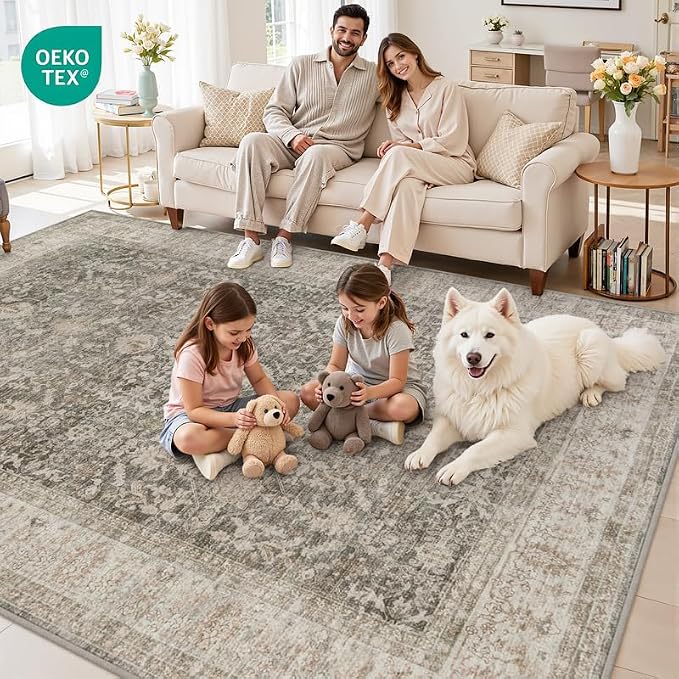 Area Rugs 9x12 Living Room: Bedroom Washable Carpet Warm Taupe | Large Vintage Boho Indoor Decor Neutral Soft Nursery Farmhouse Dining Room Office Floor Non-Slip Low Pile Under Table Rug