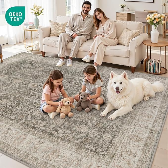 6x9 Area Rugs Living Room: Bedroom Washable Carpet Warm Taupe | Large Vintage Boho Indoor Decor Neutral Soft Nursery Farmhouse Dining Room Office Floor Non-Slip Low Pile Under Table Rug