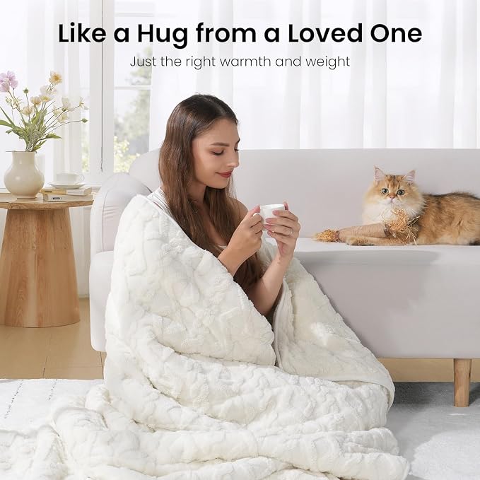 Drewin King Size Weighted Blankets for Adults 15lbs,Cream White,80" x 87" | For Naps, Relaxation, Stress Relief & Better Sleep,Soft Jacquard Sherpa Filled with Glass Beads, Machine Washable