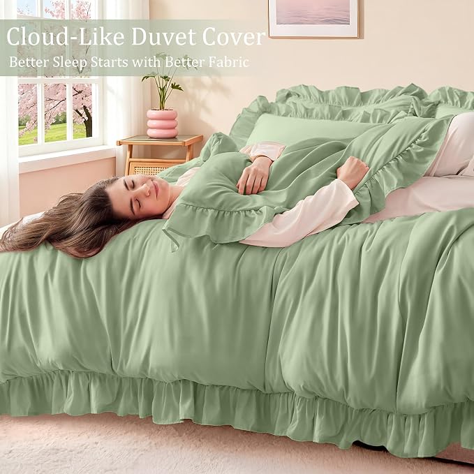 FUANNA Sage Green Duvet Cover Full Size 3 Pieces, Farmhouse Bedding | Ultra Soft 4-Inch Ruffle Duvet Cover Set with Corner Ties & 2 Pillow Shams, Vintage Bed Set for Women & Girls, No Comforter