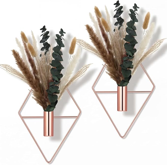 Jexine 4 Pcs Hanging Planters with Artificial Pampas Rose Gold Metal Hanging Vase Indoor Plants Holder Modern Geometric Boho Bathroom Wall Decor for Living Room Home Office