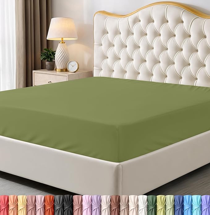 Queen Fitted Sheet, Ultra Soft Fits Up to 16 Inch Deep Pocket, Olive | Hotel Comfort, Cooling & Breathable Cotton like Polyester, Easy Fit, Wrinkle & Fade Resistant, Snug Fit, Easy Care, Oeko-Tex