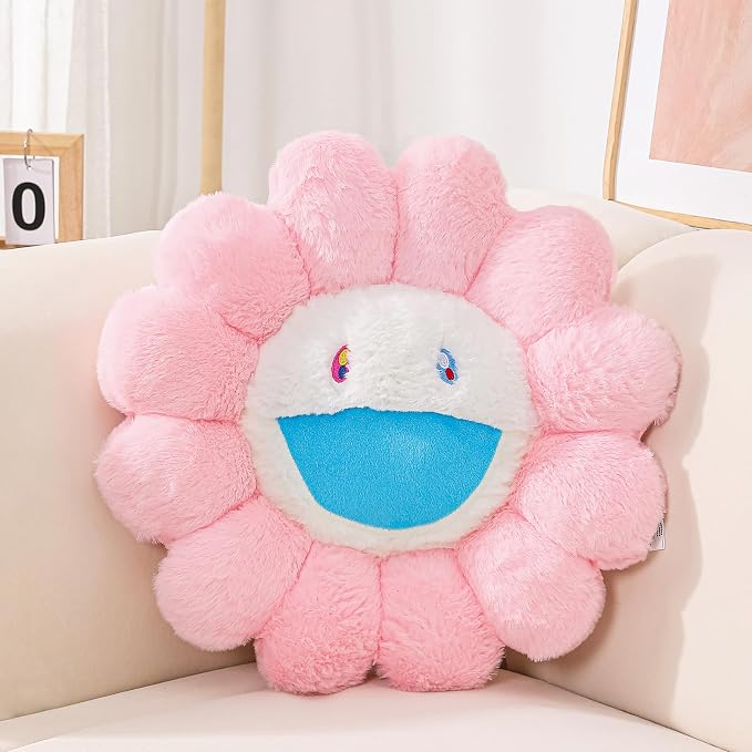 FIONOUT Pink Daisy Flower Pillow, Smile Face Plush Cushion, 23.6 Inch | Ultra-soft Plush With Fluffy PP Cotton, Cheerful Flower Design Adds Cozy Comfort To Beds, Sofas, Dorms and Gift Giving.