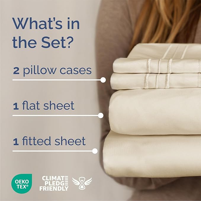 Queen Size 4 Piece Sheet Set - Breathable & Cooling Sheets - Off White | Hotel Luxury Bed Sheets for Women & Men, Deep Pockets, Easy-Fit, Extra Soft and Wrinkle Free Sheets, Oeko-Tex Bed Sheet Set