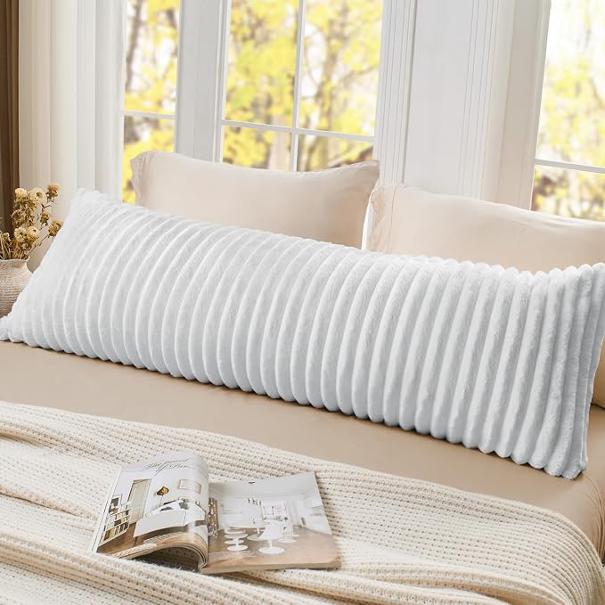 BEDELITE Fluffy Striped Body Pillow Cover with Zipper, Bright White, 20x54 | Ultra-soft Faux Fur with 14D Striped Texture, Comfy, Plush, and Cloud-like, Body Pillow Pillowcase for Bed Couch Room Decor