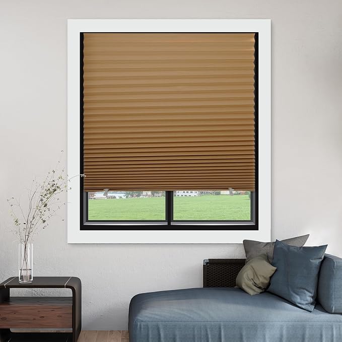 MYshade 6 Pack Temporary Blackout Paper Shades for Windows,Paper Pleated Blinds with Adhesive,No Tools No Drilling Free Cut Size Temporary Room Darkening Shades(Brown, 48" W x 72" H)