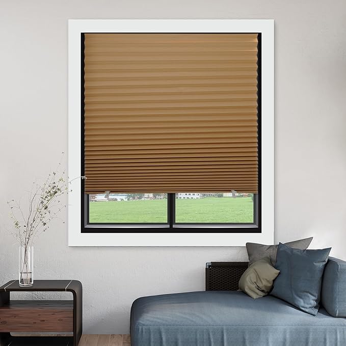 MYshade 12 Pack Temporary Blackout Paper Shades for Windows,Paper Pleated Blinds with Adhesive,No Tools No Drilling Free Cut Size Temporary Room Darkening Shades(Brown, 48" W x 72" H)