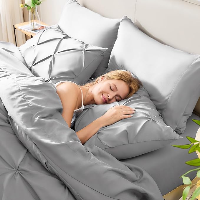 HIMEET King Size Comforter Set Light Grey - 7 Pieces Pintuck Bed in a Bag | OEKO-TEX Certified, 240GSM Down Alternative Comforter, 14" Deep Pocket Fitted Sheet + Flat Sheet + 2 Pillowcases + 2 Shams