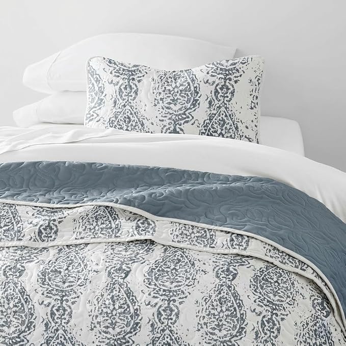 Merit Linens Soft Quilt Coverlet Bedding Set - Pattern/Solid Reversible - Twin/TwinXL Dusk Blue